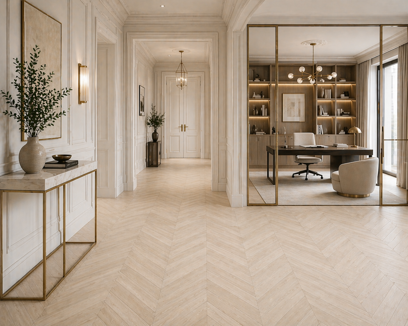 Parchet stratificat stejar, Chevron 12x100x600 mm, Clasa Select, BIANCO