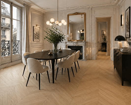 Parchet stratificat stejar, Chevron 12x100x600 mm, Clasa Select, VANILLA