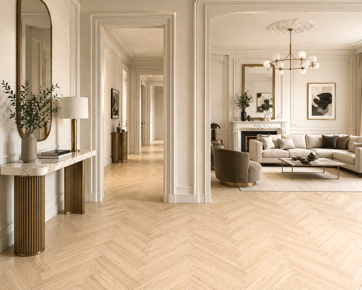 Parchet stratificat stejar, Herringbone 11x100x500 mm, Clasa Select, BIANCO