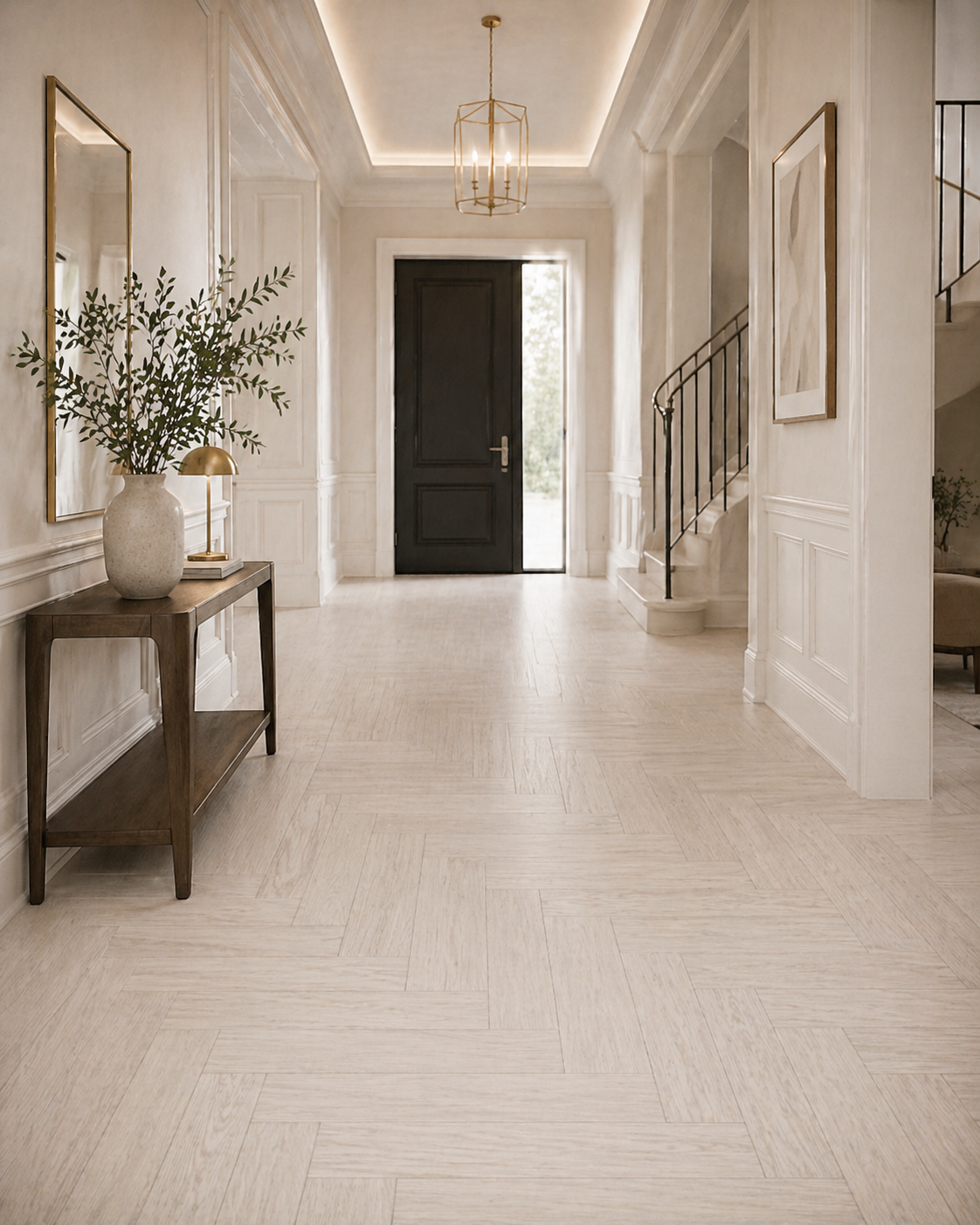 Parchet stratificat stejar, Herringbone 11x100x500 mm, Clasa Select, COTTON WHITE