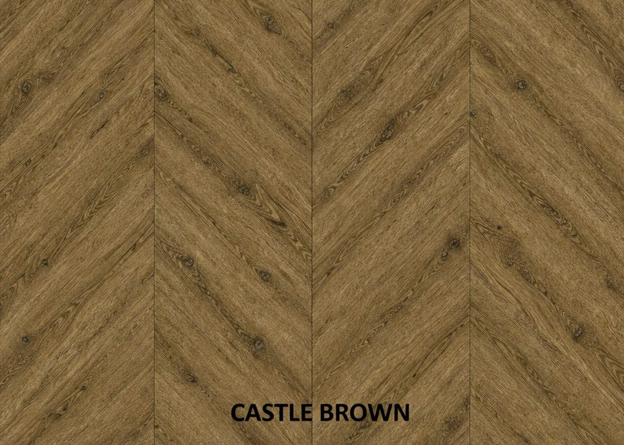 Parchet stratificat stejar, Chevron 12x100x600 mm, Clasa Rustic, CASTLE BROWN