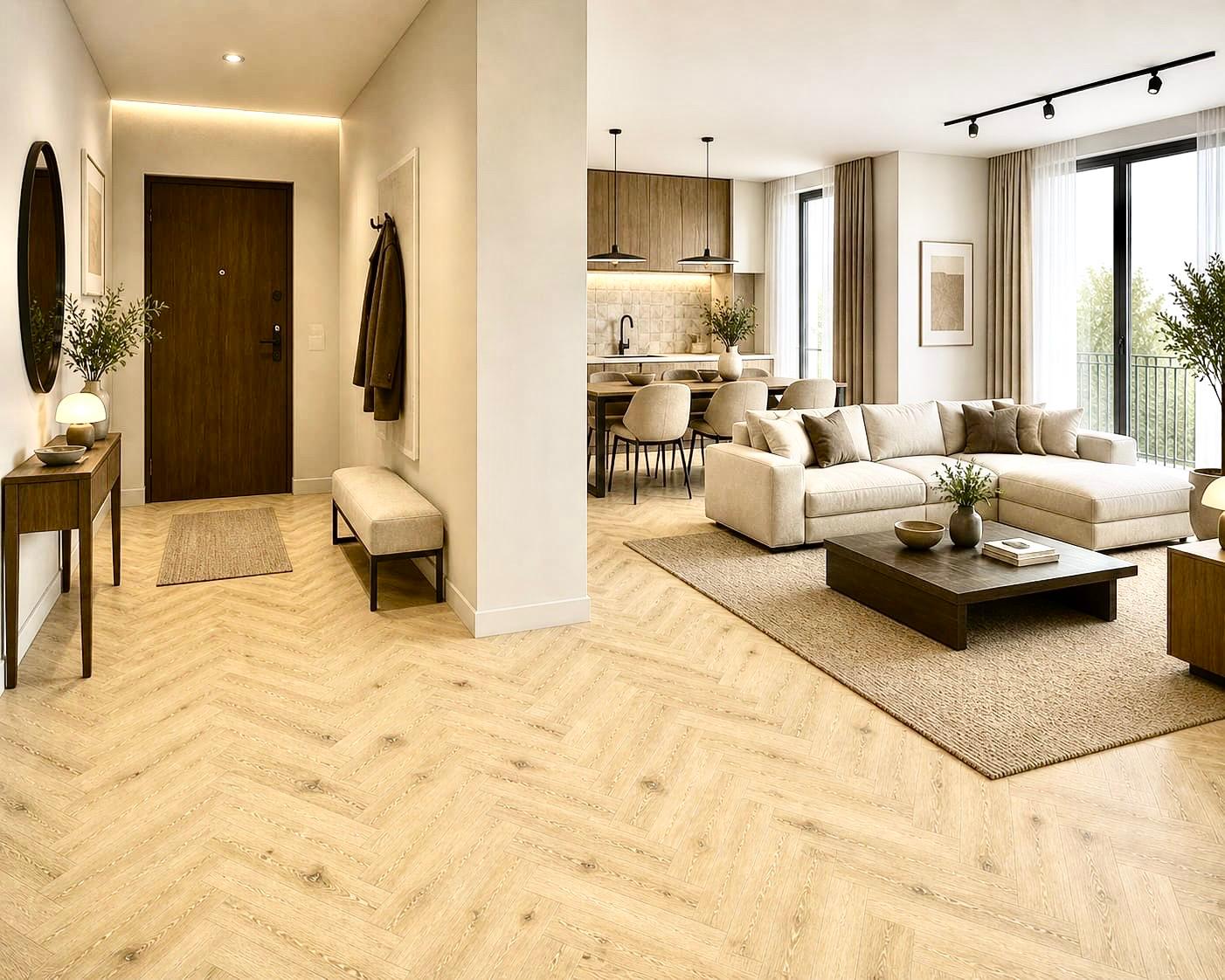 Parchet stratificat stejar, Herringbone 13x150x665 mm, Clasa Rustic, BIANCO